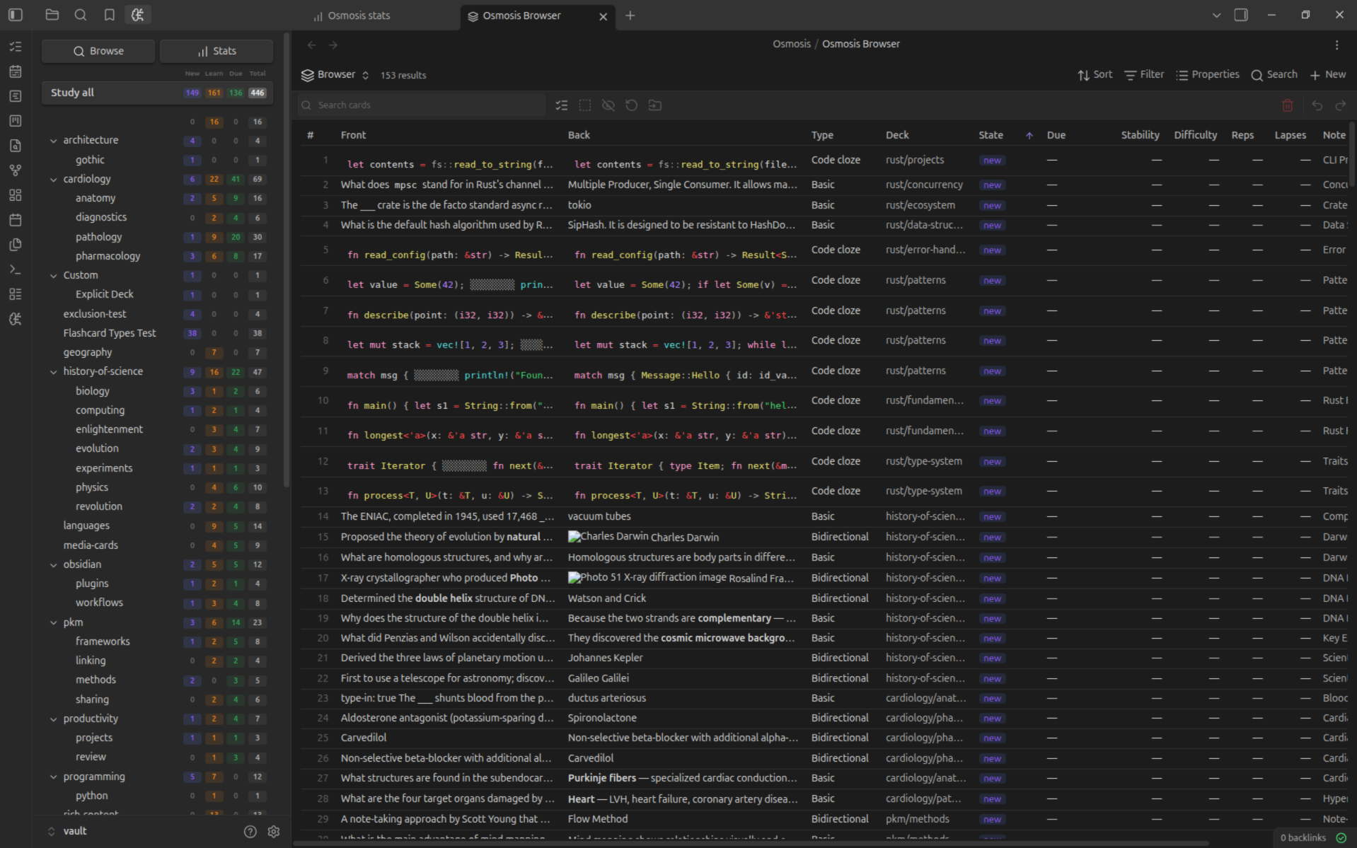 The card browser in table layout