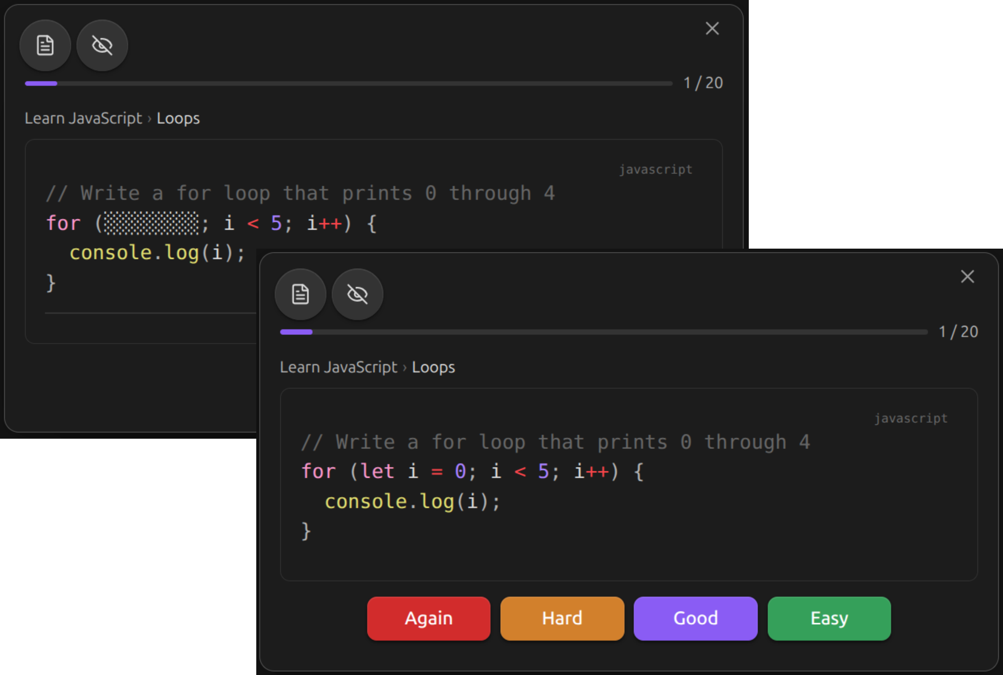 A code cloze card with part of the code block hidden