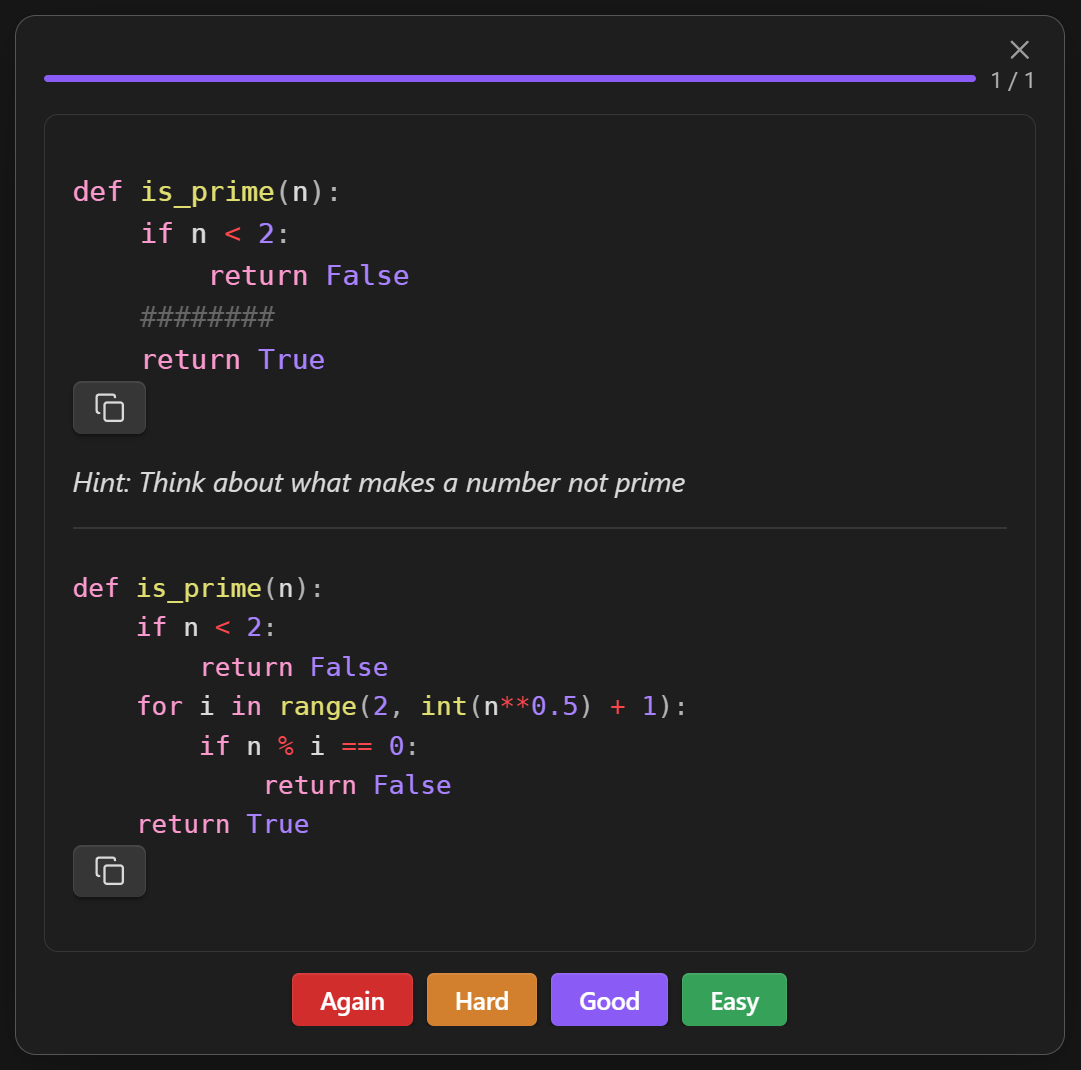Code cloze — answer side